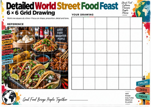 World Street Food Feast Grid Drawing Worksheet | Detailed Food Art Challenge | KS3 KS4