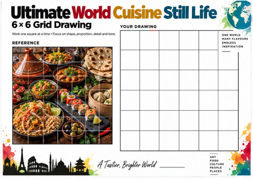 Ultimate World Cuisine Still Life Grid Drawing Worksheet | Advanced Art | KS3 KS4