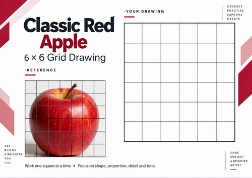 Red Apple Grid Drawing Worksheet | Realistic Fruit Observational Drawing | KS3 & KS4 Art