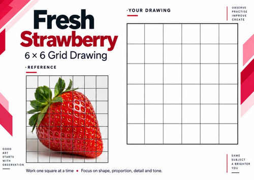 Strawberry Grid Drawing Worksheet | Realistic Fruit Texture & Shading | KS3 & KS4 Art