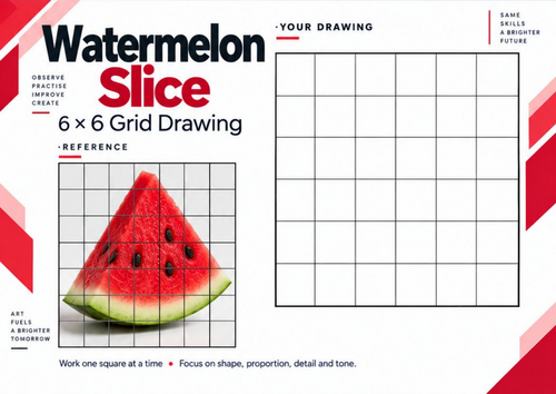 Watermelon Grid Drawing Worksheet | Fruit Drawing & Colour Studies | KS3 & KS4 Art