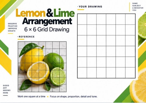 Lemon & Lime Grid Drawing Worksheet | Citrus Fruit Still Life | KS3 & KS4 Art
