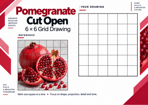 Pomegranate Grid Drawing Worksheet | Detailed Fruit Texture & Seeds | KS3 & KS4 Art