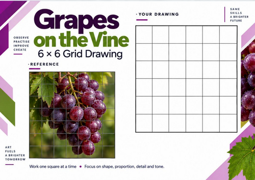 Grapes Grid Drawing Worksheet | Realistic Fruit Clusters & Shading | KS3 & KS4 Art