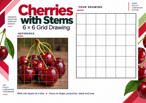 Cherries Grid Drawing Worksheet | Realistic Fruit Drawing & Shading | KS3 & KS4 Art