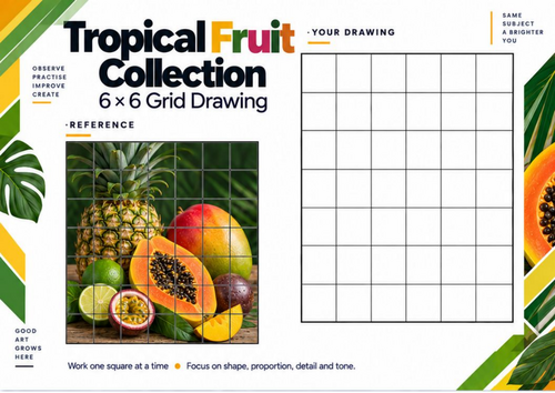 Tropical Fruit Grid Drawing Worksheet | Exotic Fruit Still Life & Texture | KS3 & KS4 Art