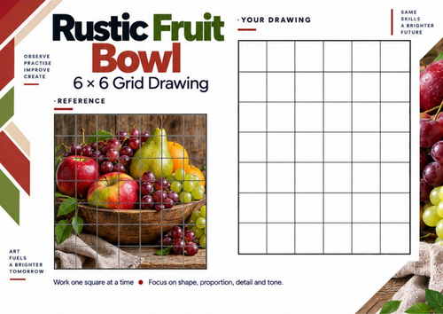 Fruit Bowl Grid Drawing Worksheet | Realistic Still Life & Observational Art | KS3 & KS4