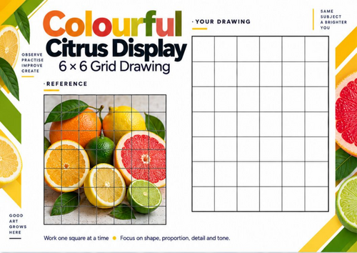 Citrus Fruit Grid Drawing Worksheet | Orange Lemon Lime & Grapefruit | KS3 & KS4 Art