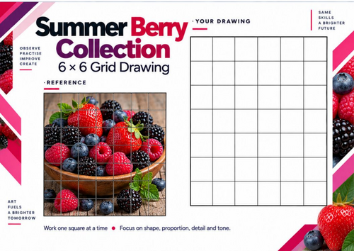Summer Berries Grid Drawing Worksheet | Strawberry Raspberry & Blueberry Art | KS3 KS4