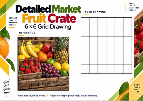 Market Fruit Crate Grid Drawing Worksheet | Detailed Food Still Life Art | KS3 & KS4
