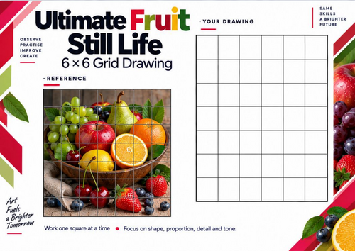 Fruit Still Life Grid Drawing Worksheet | Detailed Realistic Food Art | KS3 & KS4 GCSE Art