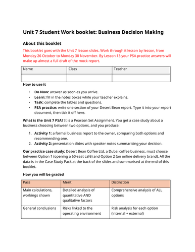 BTEC Business Level 3: Unit 7 - Making Business Decisions PSA Lessons