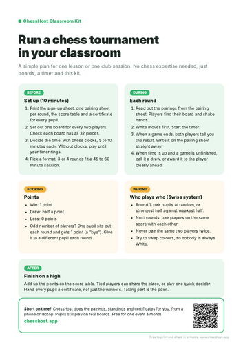 Chess Tournament Kit for Schools: Guide, Sheets and Certificates