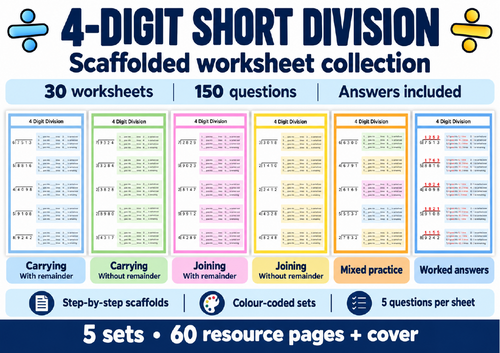 4 digit by 1 digit short division - Bus stop method - With and without remainders - Supported
