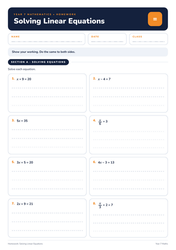 Year 7 Solving Linear Equations | Homework Worksheet