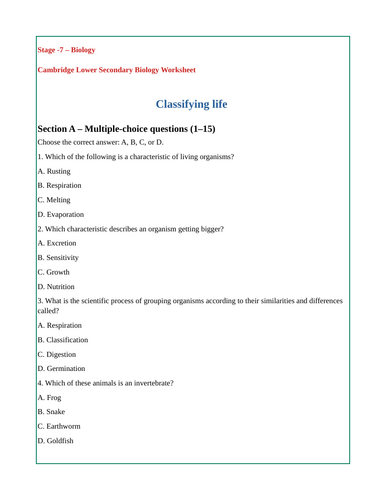 Cambridge Lower secondary biology worksheet with answers- Stage 7- Classifying life