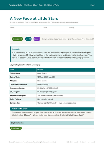 Functional Skills English & Maths: Childcare Settling-In Visits | Entry Level 3–Level 2