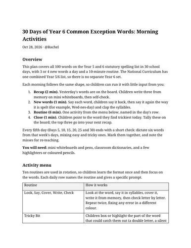 Year 6 Morning Activities on Common Exception Words