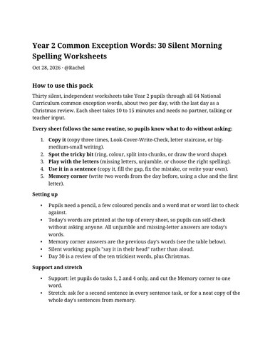 Year 2 Common Exception Words Worksheet for Mornings