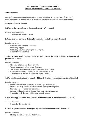 Year 6 Reading Comprehension Week 32 - Reading and Answers
