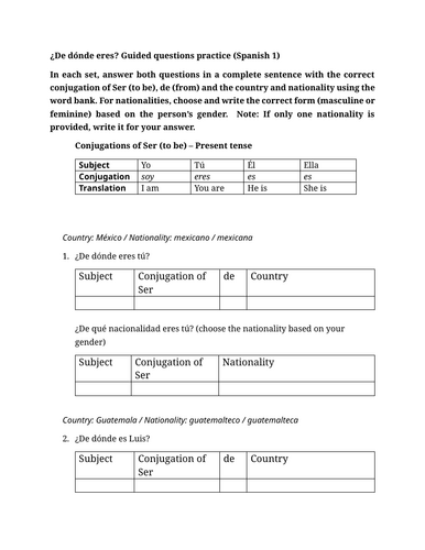 ¿De dónde eres? Guided questions practice (Spanish 1)