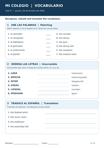 Mi Colegio – Spanish School Places Vocabulary | Year 9 | Interactive Worksheets