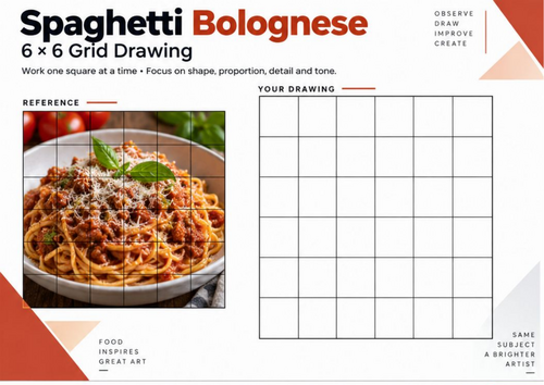 Spaghetti Bolognese Grid Drawing Worksheet | Food Still Life Art | KS3 KS4