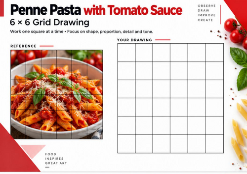 Penne Pasta with Tomato Sauce Grid Drawing Worksheet | Food Art | KS3 KS4