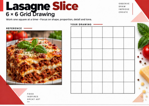 Lasagne Slice Grid Drawing Worksheet | Food Still Life Drawing | KS3 KS4 Art