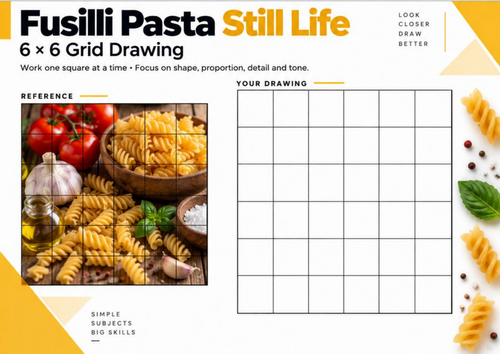 Fusilli Pasta Still Life Grid Drawing Worksheet | Observational Art | KS3 KS4