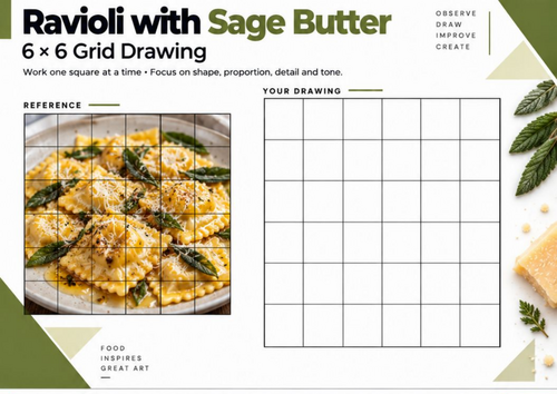 Ravioli with Sage Butter Grid Drawing Worksheet | Food Still Life | KS3 KS4 Art