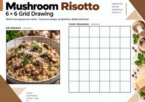 Mushroom Risotto Grid Drawing Worksheet | Food Texture Drawing | KS3 KS4 Art