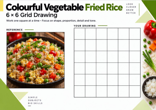 Vegetable Fried Rice Grid Drawing Worksheet | Food Observational Art | KS3 KS4