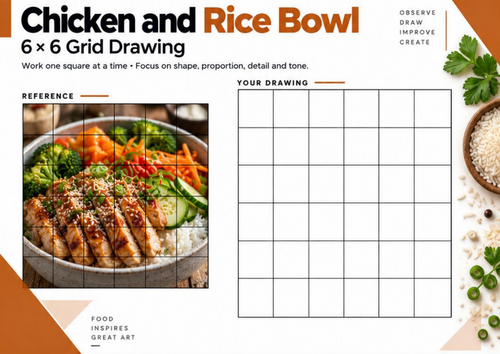 Chicken and Rice Bowl Grid Drawing Worksheet | Food Still Life Art | KS3 KS4