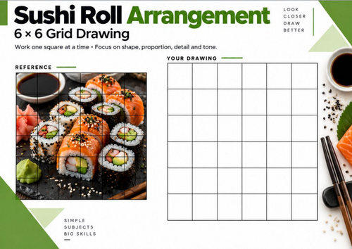 Sushi Roll Arrangement Grid Drawing Worksheet | Food Still Life | KS3 KS4 Art