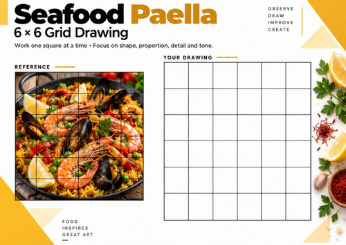 Seafood Paella Grid Drawing Worksheet | Detailed Food Still Life | KS3 KS4 Art