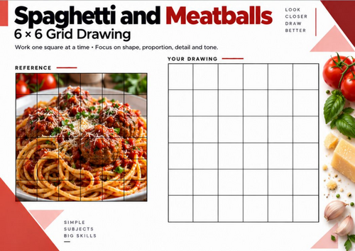 Spaghetti and Meatballs Grid Drawing Worksheet | Food Art Drawing | KS3 KS4