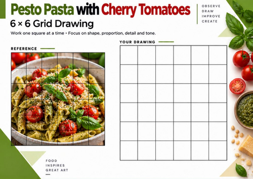 Pesto Pasta with Cherry Tomatoes Grid Drawing Worksheet | KS3 KS4 Food Art