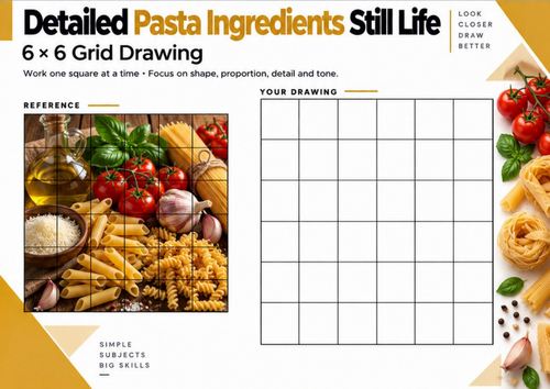 Pasta Ingredients Still Life Grid Drawing Worksheet | Observational Art | KS3 KS4