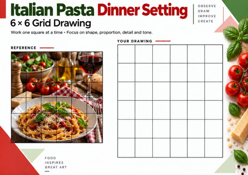 Italian Pasta Dinner Setting Grid Drawing Worksheet | Still Life Art | KS3 KS4