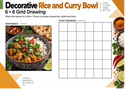 Rice and Curry Bowl Grid Drawing Worksheet | Food Pattern and Texture | KS3 KS4