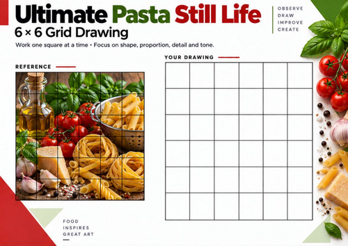 Ultimate Pasta Still Life Grid Drawing Worksheet | Detailed Food Art | KS3 KS4