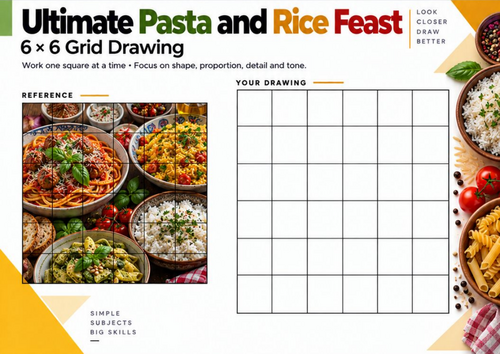 Ultimate Pasta and Rice Feast Grid Drawing Worksheet | Food Still Life | KS3 KS4