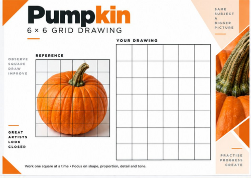 Pumpkin Grid Drawing Worksheet | Real Photo 6x6 Observational Drawing | KS3 KS4 Art