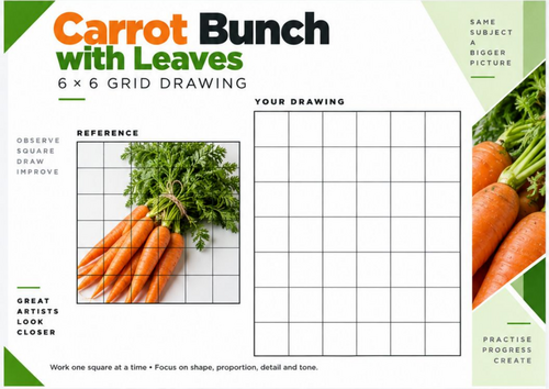 Carrot Bunch Grid Drawing Worksheet | Vegetable Still Life 6x6 Drawing | KS3 KS4 Art