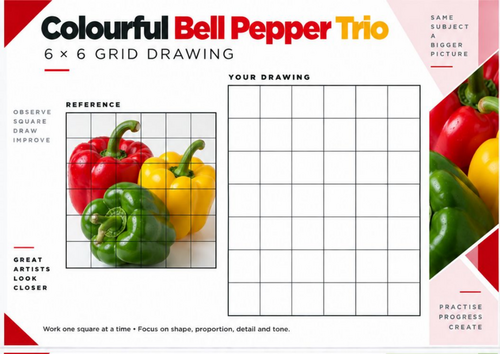 Bell Pepper Trio Grid Drawing Worksheet | Colourful Vegetable Still Life 6x6 | KS3 KS4 Art