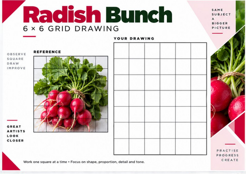 Radish Bunch Grid Drawing Worksheet | Vegetable Still Life 6x6 Drawing | KS3 KS4 Art