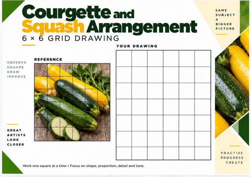 Courgette and Squash Grid Drawing Worksheet | Vegetable Still Life 6x6 | KS3 KS4 Art