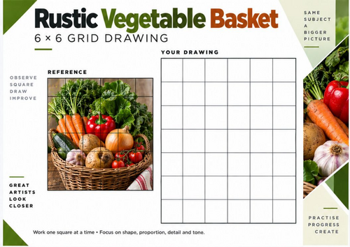 Vegetable Basket Grid Drawing Worksheet | Detailed Still Life 6x6 Art Activity | KS3 KS4