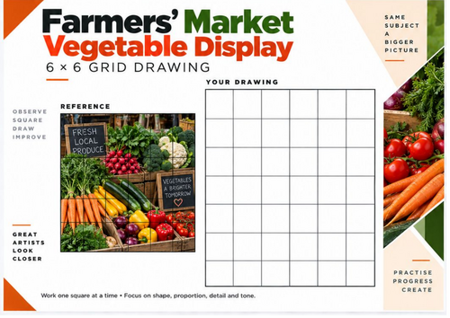 Farmers Market Grid Drawing Worksheet | Detailed Vegetable Still Life 6x6 | KS3 KS4 Art